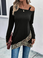 Leopard Asymmetrical Neck Long Sleeve T-Shirt