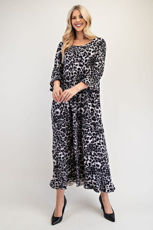 Celeste Full Size Leopard Round Neck Flounce Sleeve Dress