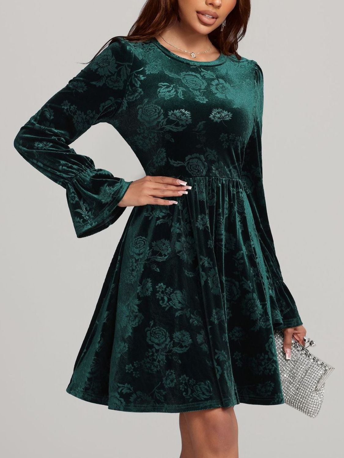 Tied Flower Print Round Neck Flounce Sleeve Dress