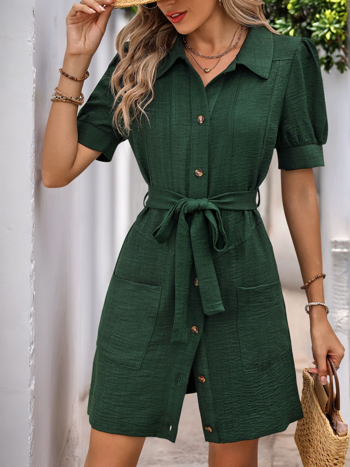 Perfee Tie Waist Button Down Short Sleeve Mini Dress