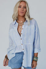 High-Low Striped Collared Neck Long Sleeve Shirt