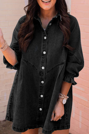 Distressed Collared Neck Flounce Sleeve Denim Dress