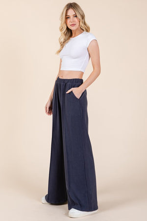 BOMBOM Elastic Waist Wide Leg Pants with Pockets