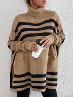 Striped Turtleneck Batwing Sleeve Sweater with Pockets