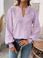 Swiss Dot Lace Detail Notched Long Sleeve Blouse