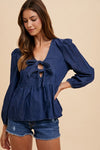 Annie Wear Tie Front Peplum Long Sleeve Denim Top