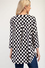 Celeste Full Size Curved Hem Checkered Notched Blouse