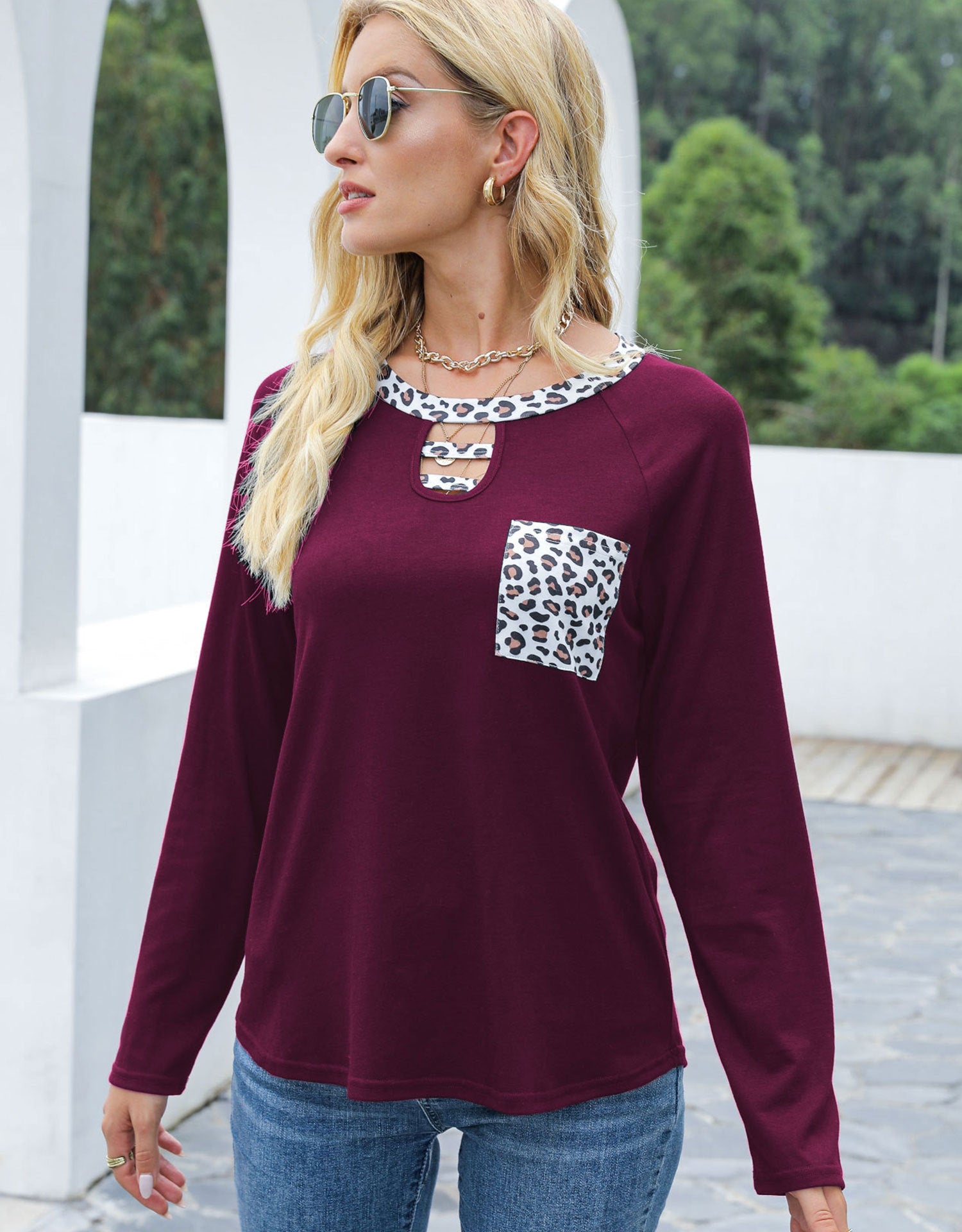 Cutout Leopard Round Neck Long Sleeve T-Shirt