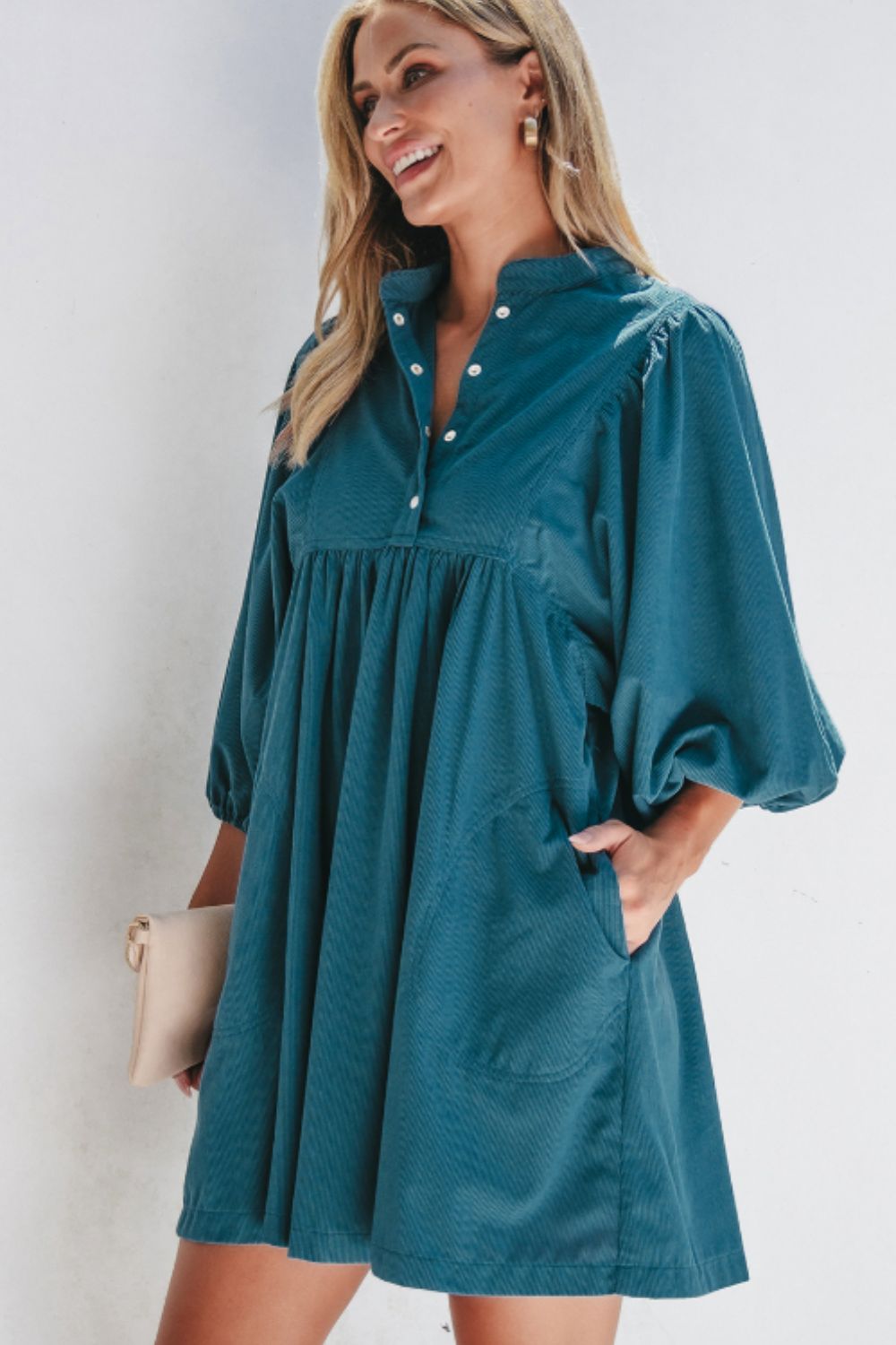 Corduroy Quarter Snap Three-Quarter Sleeve Dress