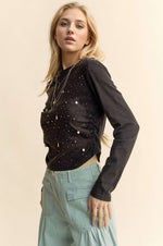 Davi & Dani Side Ruched Rhinestone and Star Detail Round Neck Top