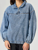 Quarter Zip Collared Neck Denim Top