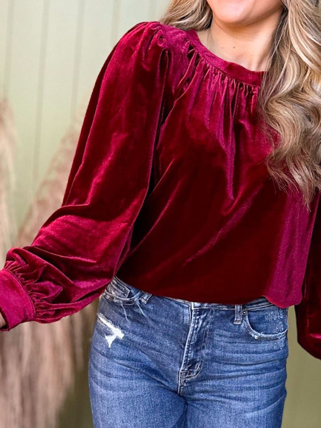 Ruched Round Neck Long Sleeve Blouse