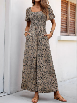 Perfee Smocked Printed Square Neck Puff Sleeve Jumpsuit