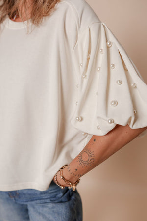 Pearl Detail Round Neck Half Sleeve Blouse