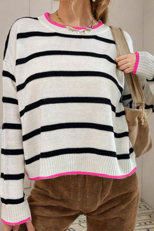 Striped Round Neck Drop Shoulder Sweater