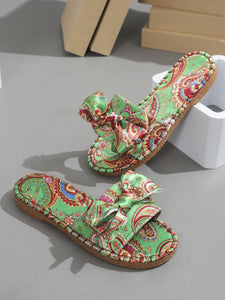 Bow Printed Open Toe Flat Sandals