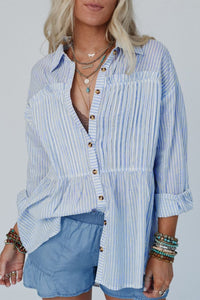 High-Low Striped Collared Neck Long Sleeve Shirt