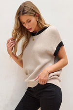 Contrast Trim Round Neck Cap Sleeve Knit Top