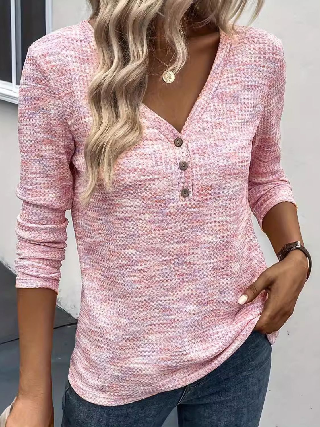 Button Detail V-Neck Long Sleeve Blouse