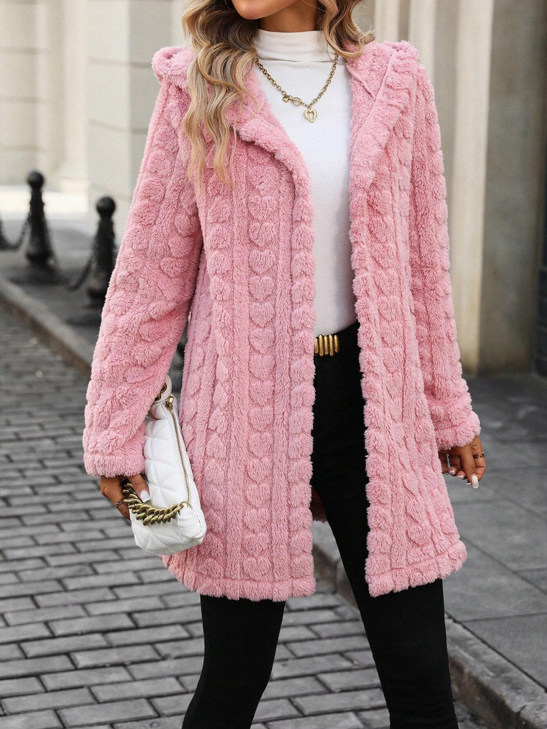 Heart Open Front Hooded Fuzzy Coat