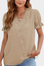 Mandy Swiss Dot Lace Detail V-Neck Short Sleeve Blouse