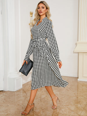 Tied Houndstooth Long Sleeve Midi Dress