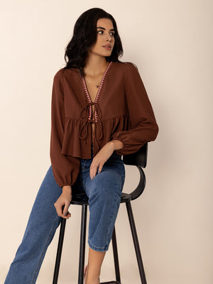 Peplum Tied V-Neck Long Sleeve Blouse