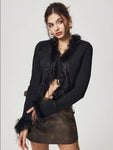 Tied Fuzzy Trim Long Sleeve Knit Cardigan