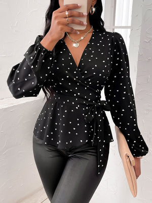 Heart Print Surplice Balloon Sleeve Blouse