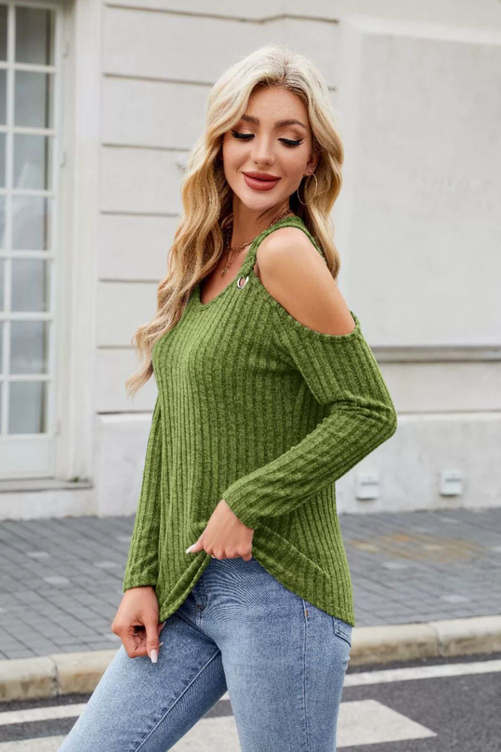 Ribbed Cold Shoulder Long Sleeve Top