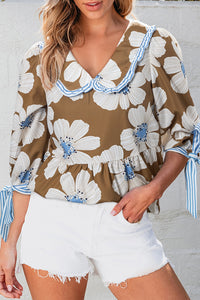 Floral Print Striped Tie Sleeve Blouse