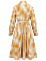 Tied Houndstooth Long Sleeve Midi Dress