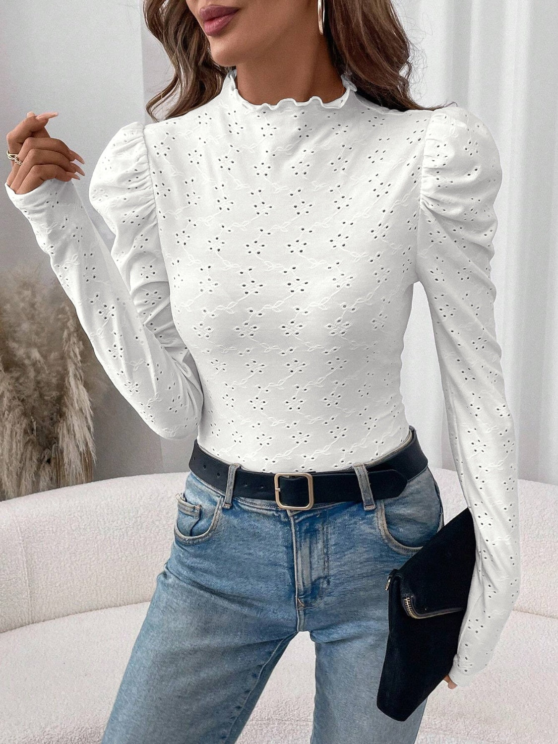 Eyelet Mock Neck Long Sleeve Top