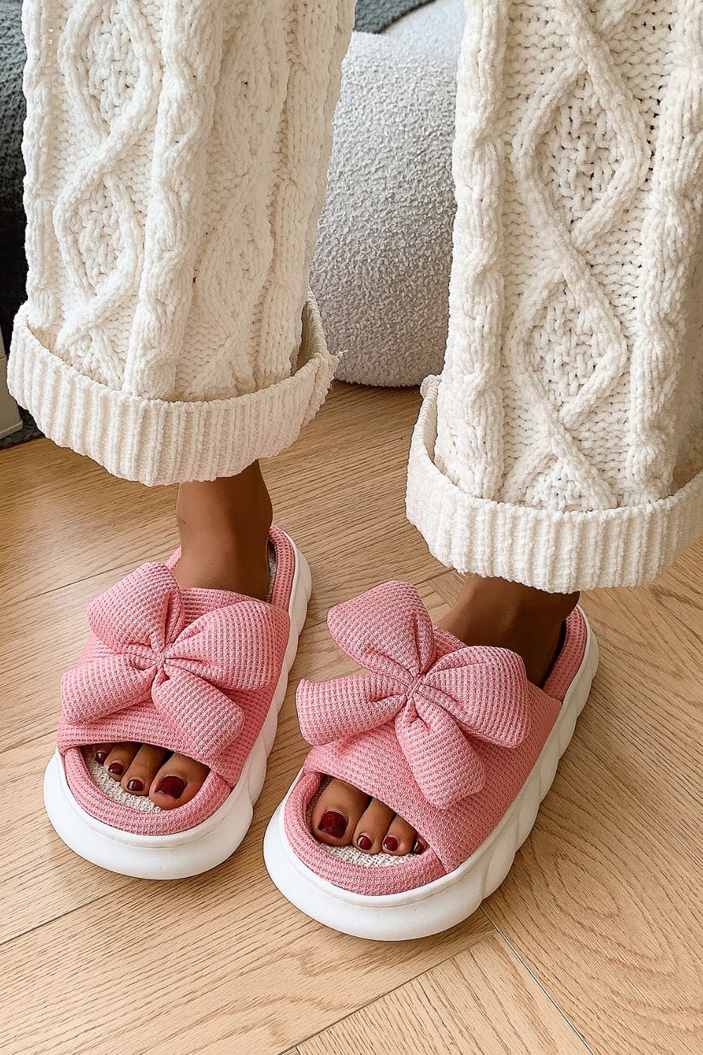 Bow Waffle-Knit Platform Slippers