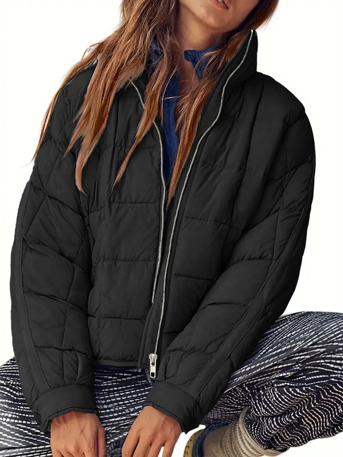 Pocketed Plaid Quilted Zip Up Winter Coat