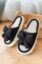 Bow Waffle-Knit Platform Slippers