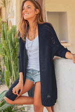 Openwork Side Slit Open Front Long Sleeve Cardigan