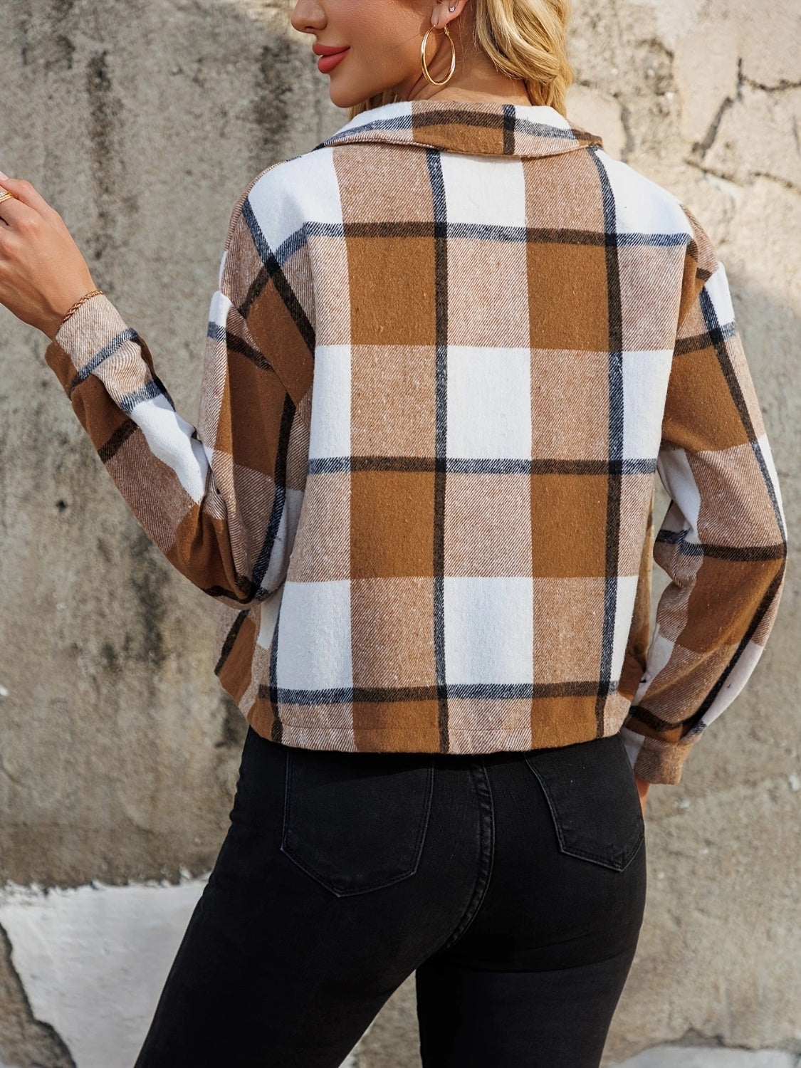 Plaid Collared Neck Cropped Jacket