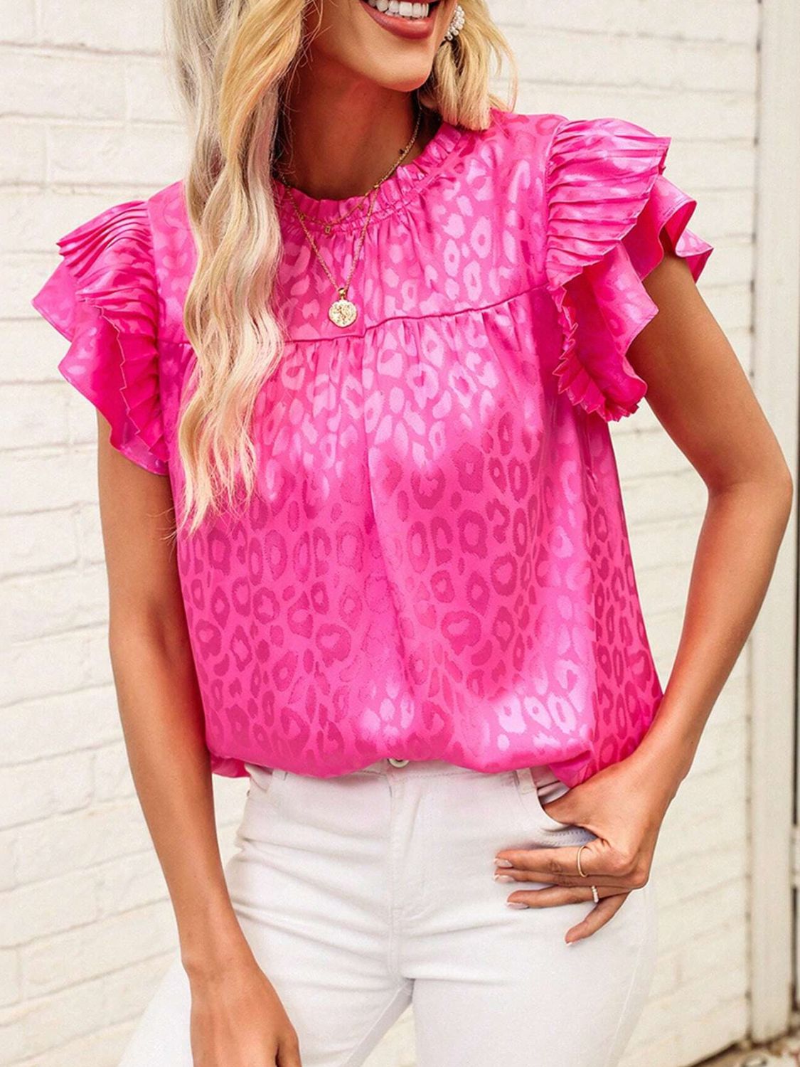 Leopard Frill Mock Neck Ruffled Cap Sleeve Top