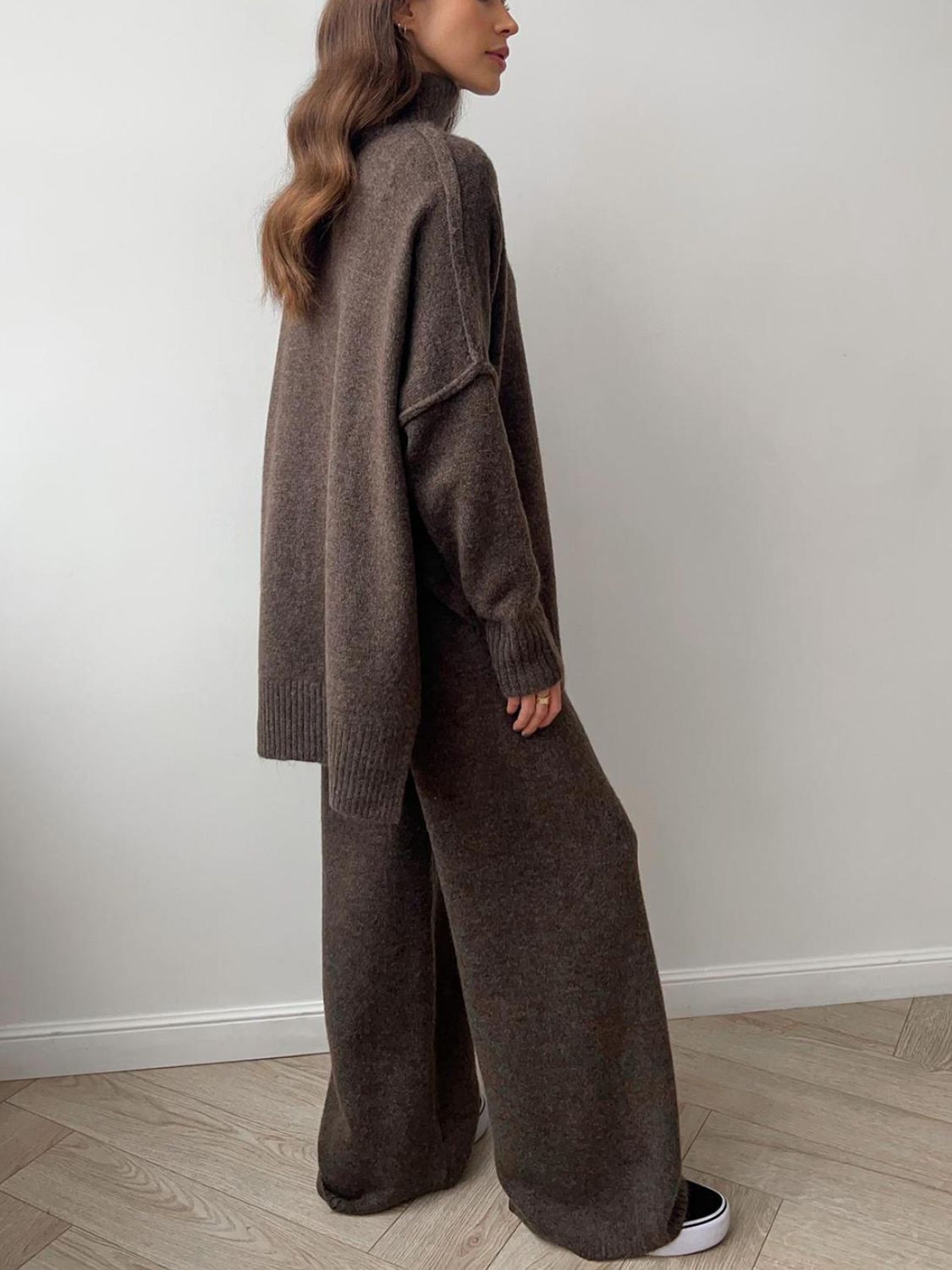 Slit Turtleneck Long Sleeve Top and Pants Sweater Set