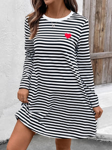 Heart Striped Round Neck Long Sleeve Mini Tee Dress