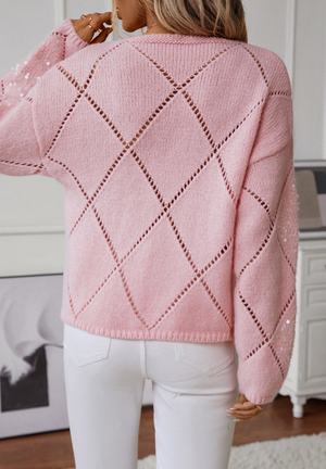 Openwork Sequin Round Neck Long Sleeve Sweater