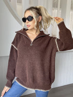 Quarter Zip Contrast Dropped Shoulder Sweater