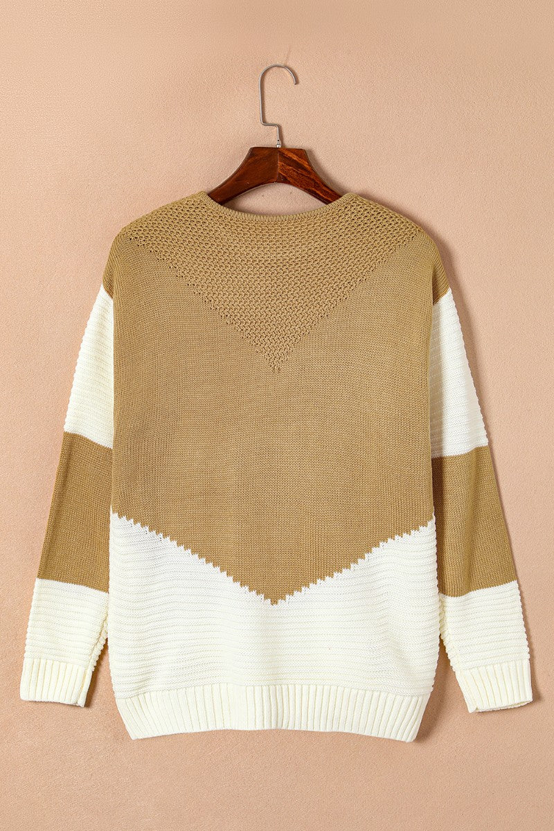 Color Block Round Neck Long Sleeve Sweater