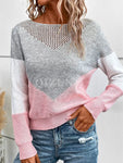 Openwork Contrast Round Neck Long Sleeve Knit Top