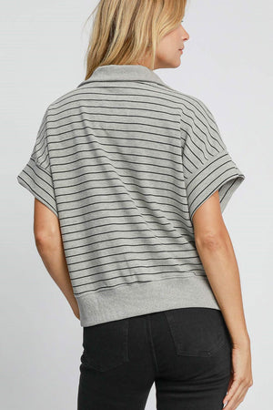 Umgee Striped Half Zip Short Sleeve Sweatshirt