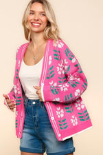 Haptics Full Size Floral Jacquard V-Neck Button Up Cardigan