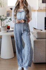 Frayed Exposed Seam Wide Leg Denim Overalls