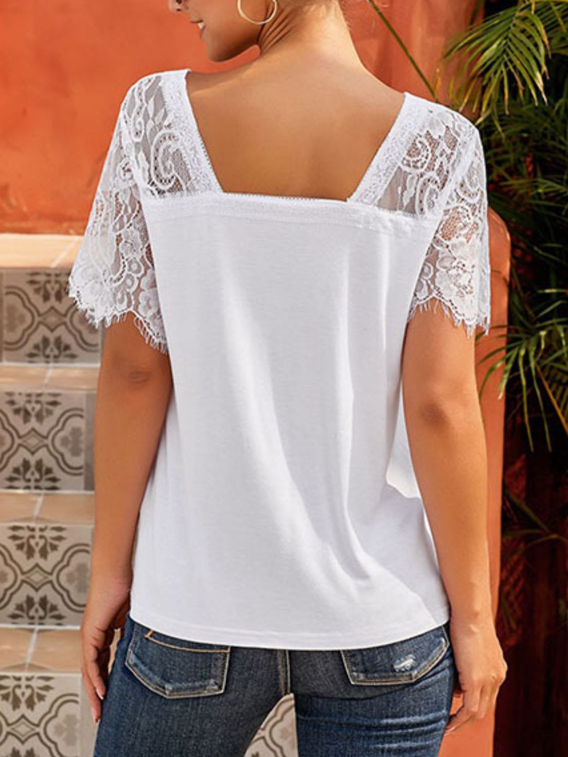 Lace Patchwork V-Neck Short Sleeve T-Shirt