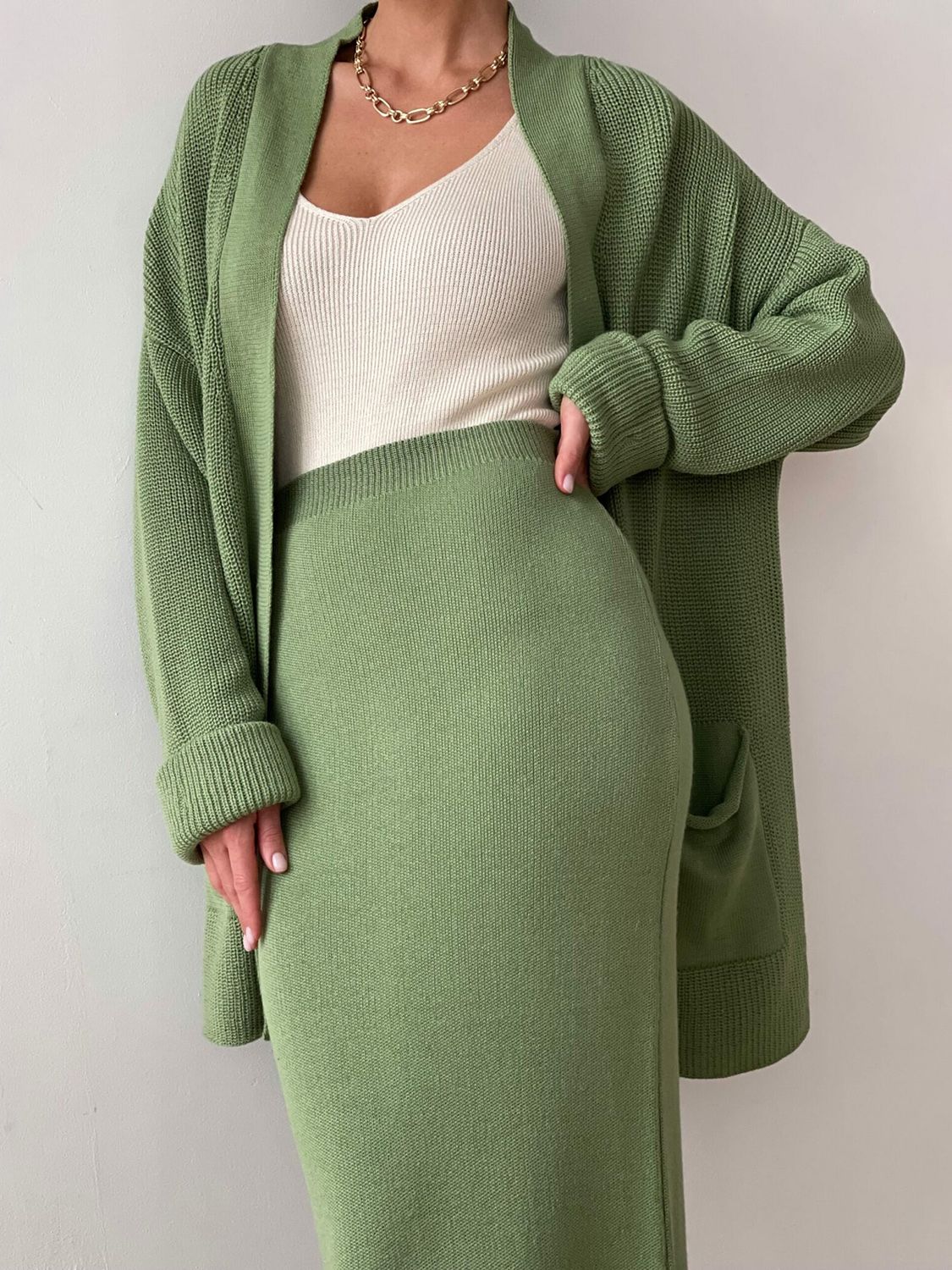 Pocketed Long Sleeve Cardigan and Skirt Sweater Set